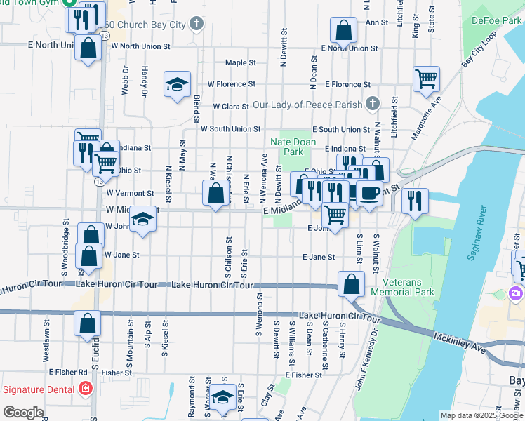 map of restaurants, bars, coffee shops, grocery stores, and more near 100 East Midland Street in Bay City