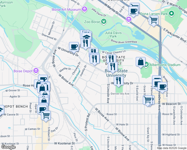 map of restaurants, bars, coffee shops, grocery stores, and more near 1404 South Joyce Street in Boise