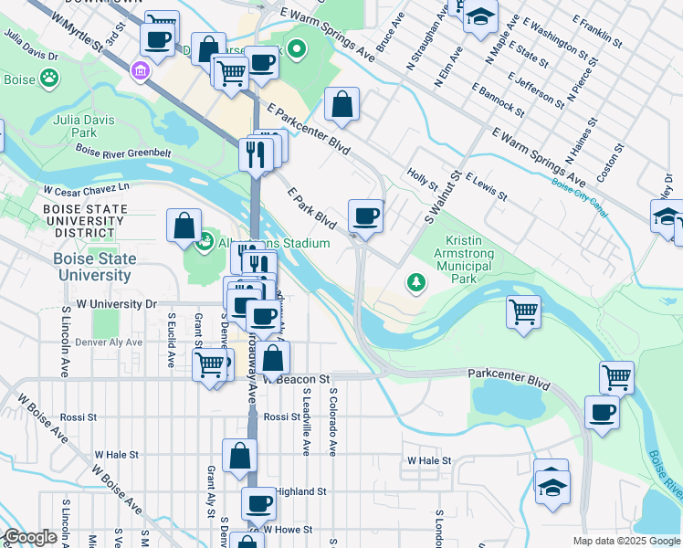 map of restaurants, bars, coffee shops, grocery stores, and more near 700 Clearwater Lane in Boise