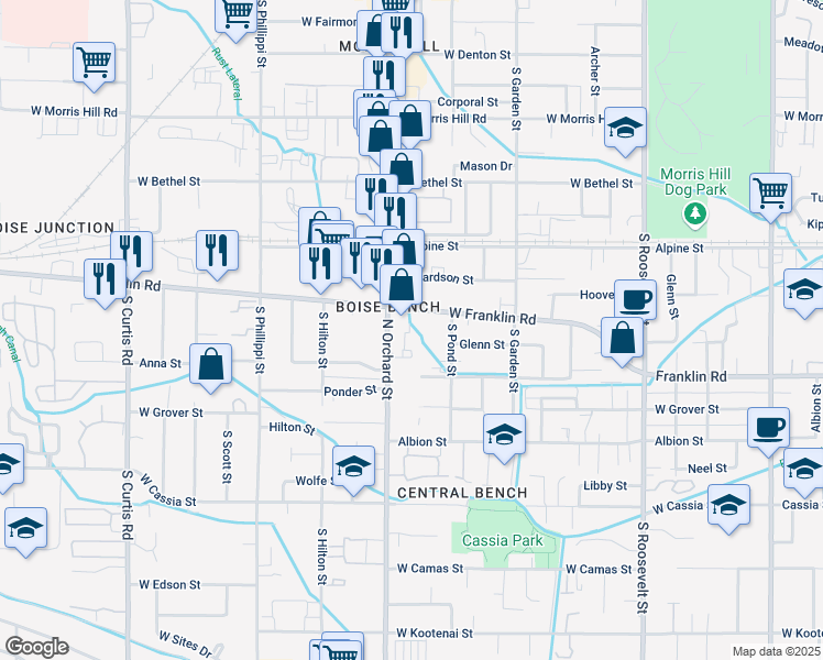 map of restaurants, bars, coffee shops, grocery stores, and more near 4929 Franklin Road in Boise