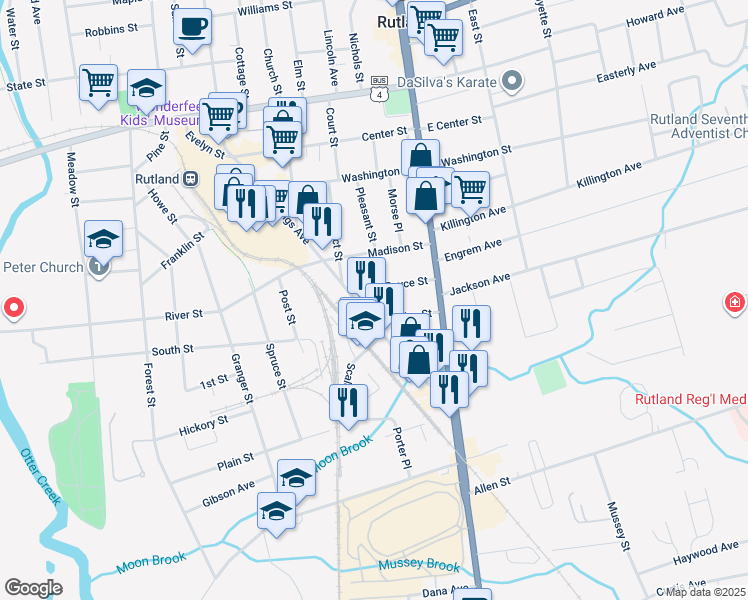map of restaurants, bars, coffee shops, grocery stores, and more near 20 Royce Street in Rutland