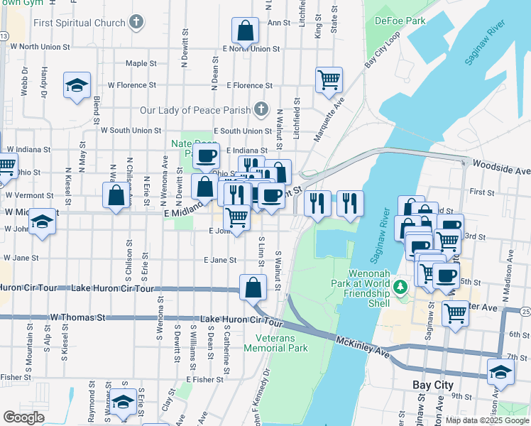 map of restaurants, bars, coffee shops, grocery stores, and more near 607 East Midland Street in Bay City