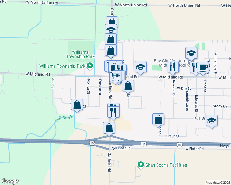 map of restaurants, bars, coffee shops, grocery stores, and more near 4799 North Garfield Road in Auburn