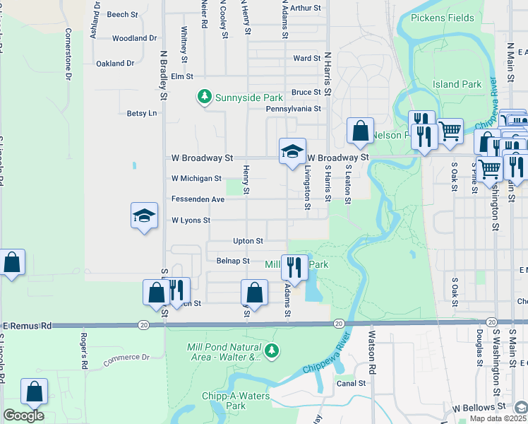 map of restaurants, bars, coffee shops, grocery stores, and more near 1302 West Lyons Street in Mount Pleasant