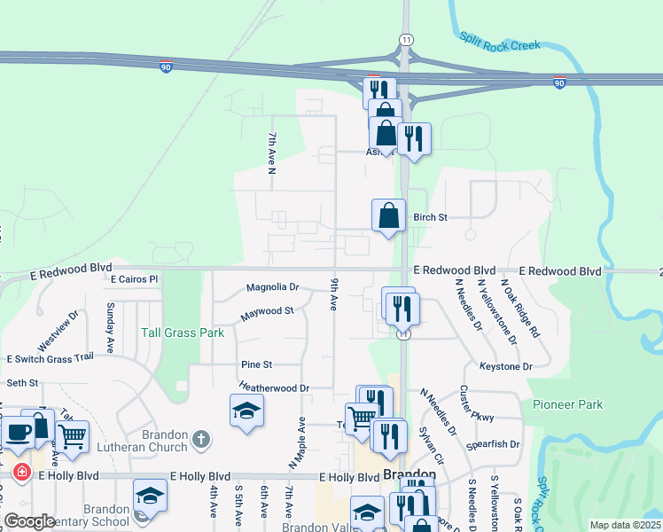 map of restaurants, bars, coffee shops, grocery stores, and more near 1051 East Redwood Boulevard in Brandon