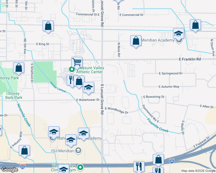 map of restaurants, bars, coffee shops, grocery stores, and more near 304 South Torino Lane in Meridian