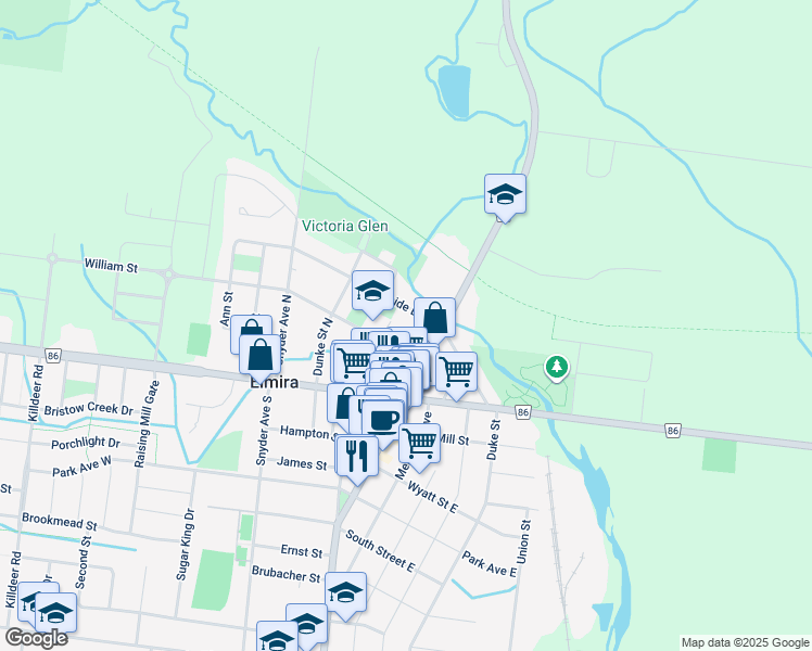 map of restaurants, bars, coffee shops, grocery stores, and more near 13 Maple Street in Elmira