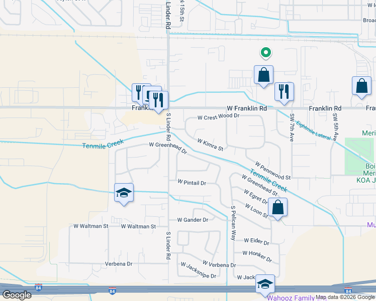 map of restaurants, bars, coffee shops, grocery stores, and more near 1482 West Greenhead Drive in Meridian