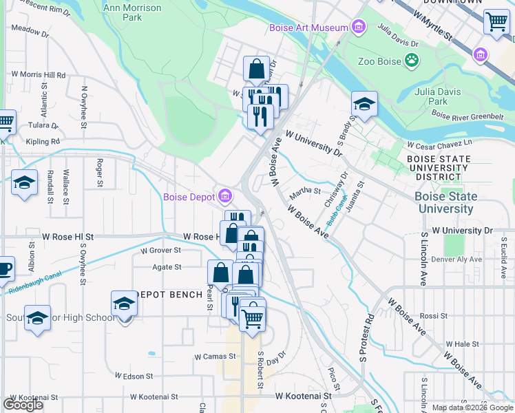 map of restaurants, bars, coffee shops, grocery stores, and more near 199 South Capitol Boulevard in Boise