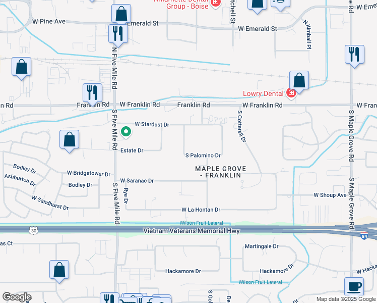map of restaurants, bars, coffee shops, grocery stores, and more near 300 South Palomino Drive in Boise