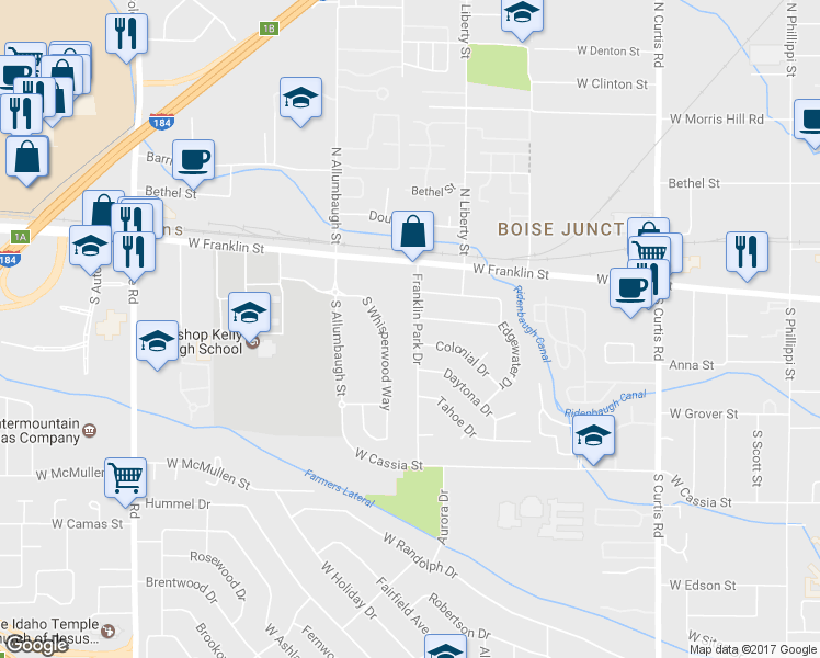 map of restaurants, bars, coffee shops, grocery stores, and more near 217 Franklin Park Drive in Boise