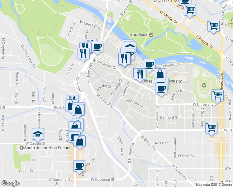 map of restaurants, bars, coffee shops, grocery stores, and more near 1512 Chrisway Drive in Boise