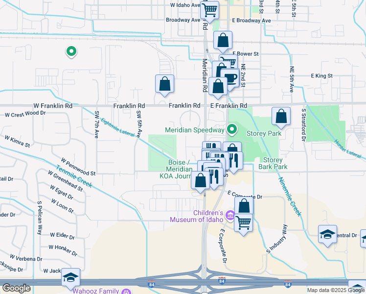 map of restaurants, bars, coffee shops, grocery stores, and more near 251 South Spring Park Lane in Meridian