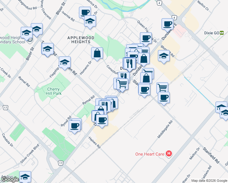 map of restaurants, bars, coffee shops, grocery stores, and more near 1011 Dundas Street East in Mississauga