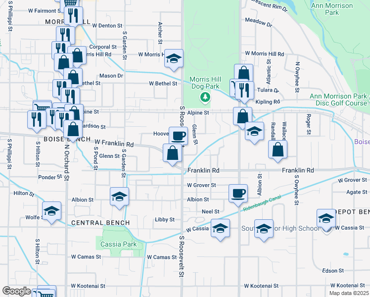 map of restaurants, bars, coffee shops, grocery stores, and more near 212 South Roosevelt Street in Boise