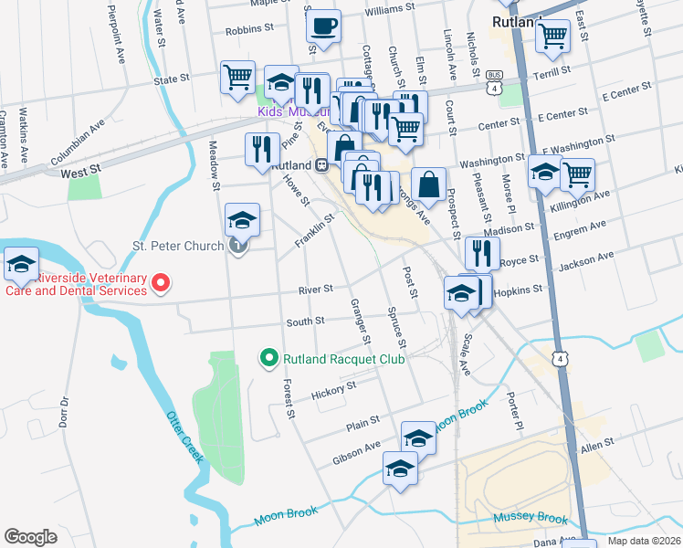 map of restaurants, bars, coffee shops, grocery stores, and more near 103 Granger Street in Rutland