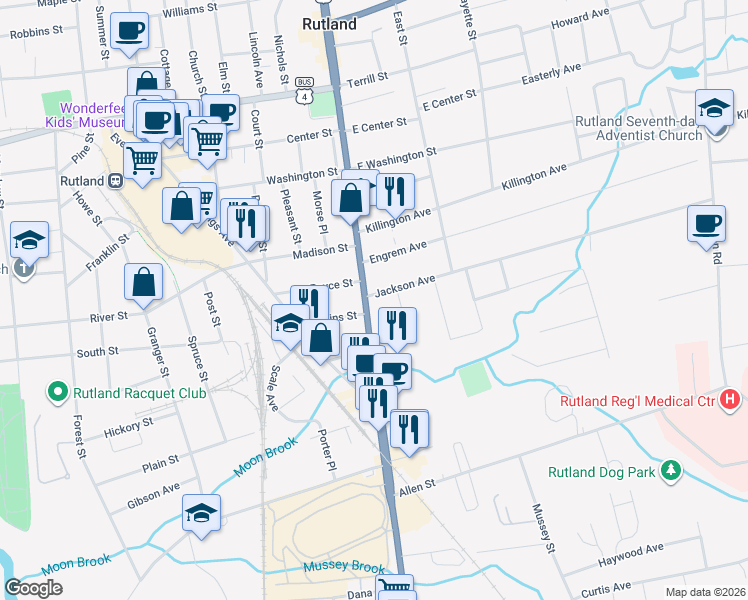 map of restaurants, bars, coffee shops, grocery stores, and more near 4 Jackson Avenue in Rutland