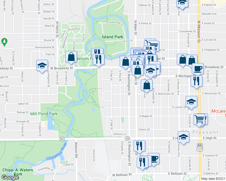 map of restaurants, bars, coffee shops, grocery stores, and more near 315 South Oak Street in Mount Pleasant