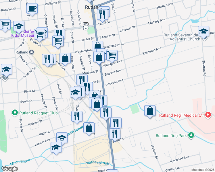 map of restaurants, bars, coffee shops, grocery stores, and more near 4 Jackson Avenue in Rutland