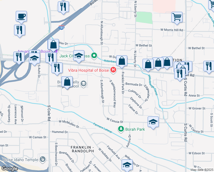map of restaurants, bars, coffee shops, grocery stores, and more near 250 South Allumbaugh Street in Boise