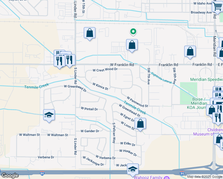 map of restaurants, bars, coffee shops, grocery stores, and more near 1229 West Kimra Street in Meridian