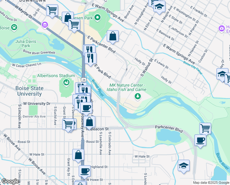 map of restaurants, bars, coffee shops, grocery stores, and more near 660 Clearwater Lane in Boise