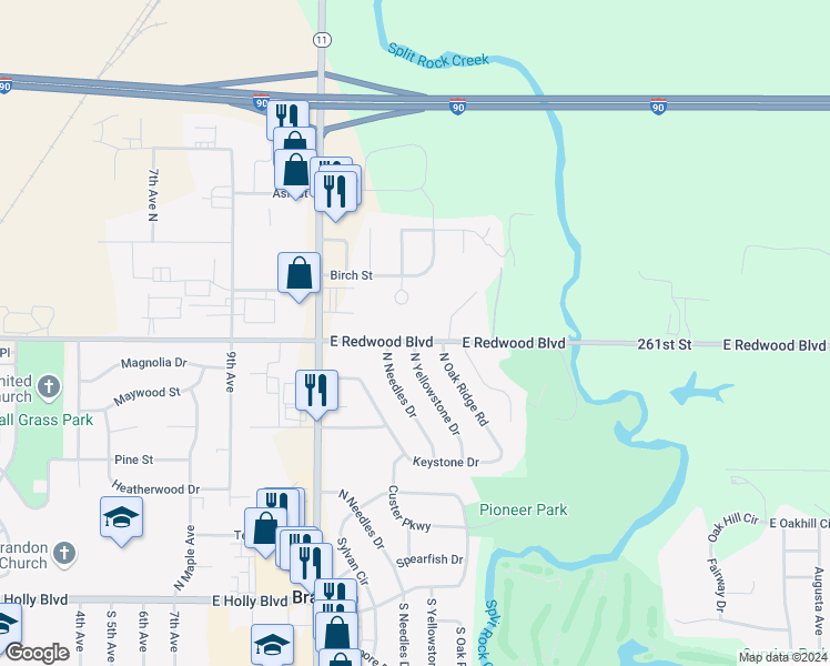 map of restaurants, bars, coffee shops, grocery stores, and more near 1504 East Redwood Boulevard in Brandon