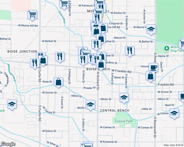 map of restaurants, bars, coffee shops, grocery stores, and more near 239 South Orchard Street in Boise
