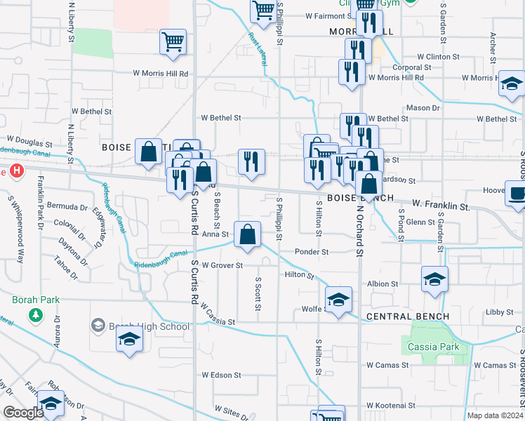 map of restaurants, bars, coffee shops, grocery stores, and more near 5506 Deville Street in Boise