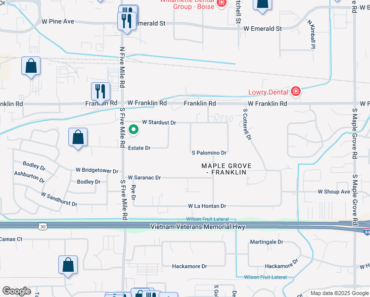 map of restaurants, bars, coffee shops, grocery stores, and more near 300 South Palomino Drive in Boise