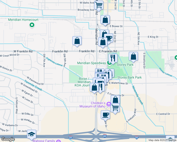 map of restaurants, bars, coffee shops, grocery stores, and more near 251 South Spring Park Lane in Meridian