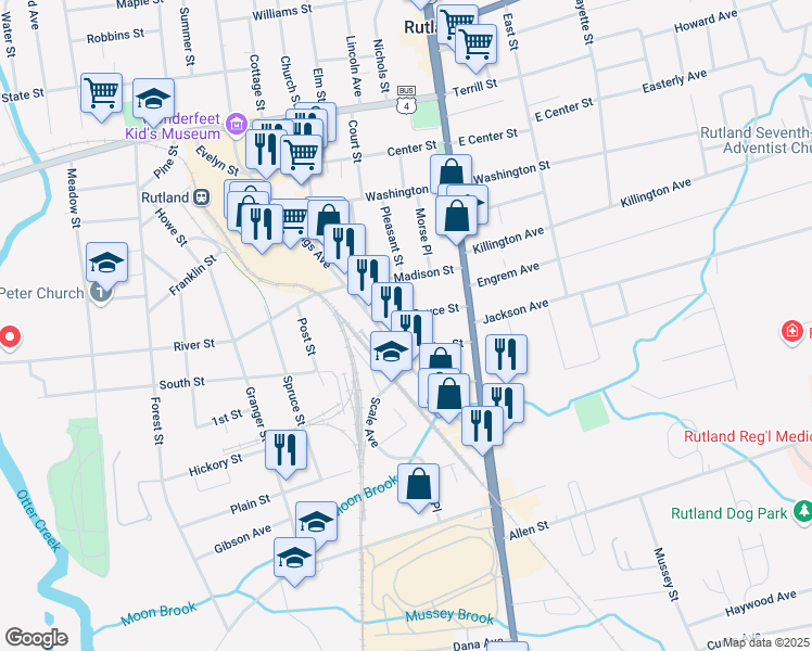map of restaurants, bars, coffee shops, grocery stores, and more near 20 Royce Street in Rutland
