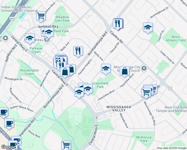 map of restaurants, bars, coffee shops, grocery stores, and more near 1094 Mississauga Valley Boulevard in Mississauga