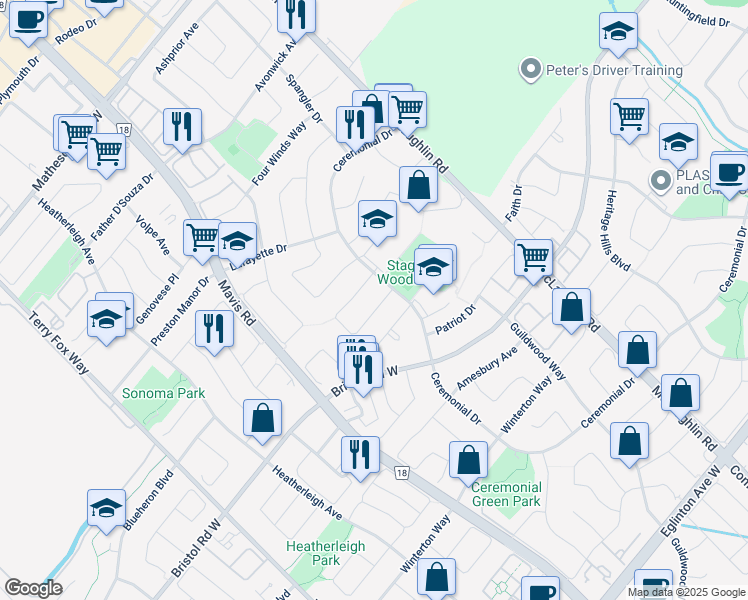 map of restaurants, bars, coffee shops, grocery stores, and more near in Mississauga