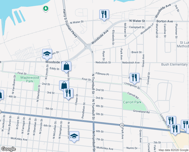 map of restaurants, bars, coffee shops, grocery stores, and more near 114 Fillmore Place in Bay City