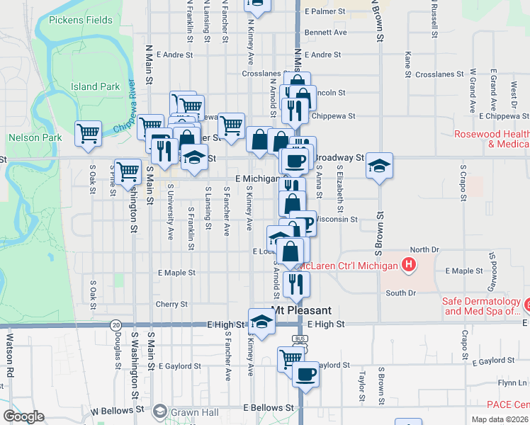 map of restaurants, bars, coffee shops, grocery stores, and more near 651-699 East Wisconsin Street in Mount Pleasant