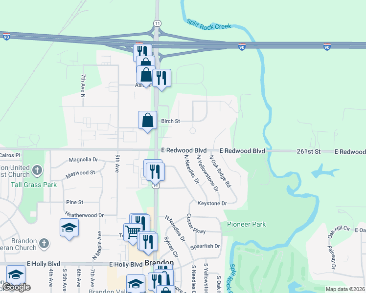 map of restaurants, bars, coffee shops, grocery stores, and more near 1308 East Redwood Boulevard in Brandon