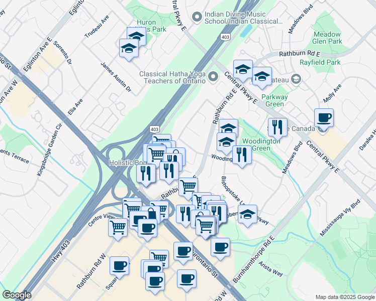 map of restaurants, bars, coffee shops, grocery stores, and more near 4296 Woodington Drive in Mississauga