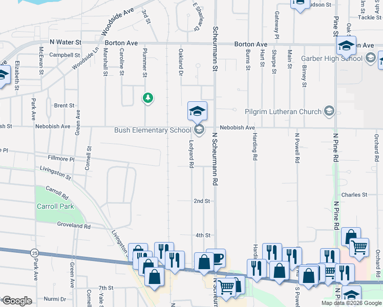 map of restaurants, bars, coffee shops, grocery stores, and more near 1285 Ledyard Road in Essexville