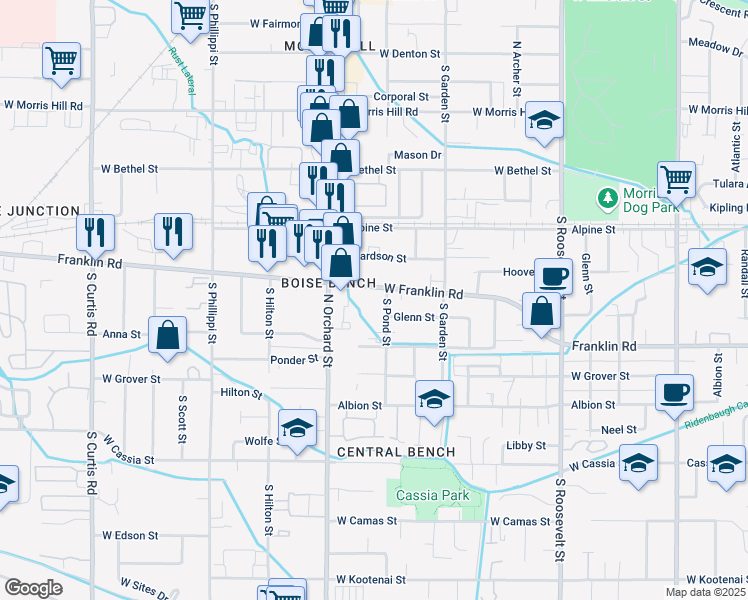 map of restaurants, bars, coffee shops, grocery stores, and more near 214 South Pond Street in Boise