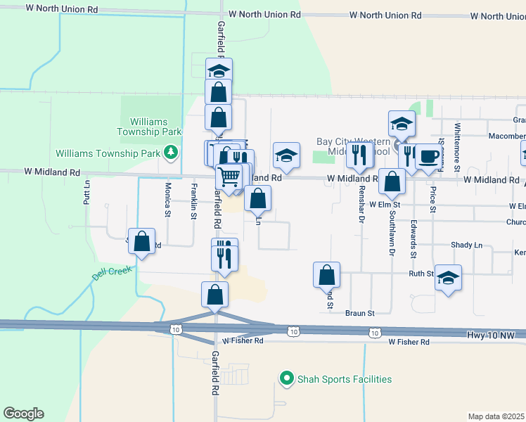 map of restaurants, bars, coffee shops, grocery stores, and more near 203 Mustang Lane in Auburn