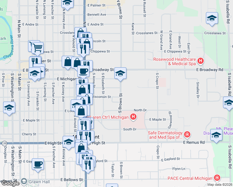 map of restaurants, bars, coffee shops, grocery stores, and more near 314 South Brown Street in Mount Pleasant