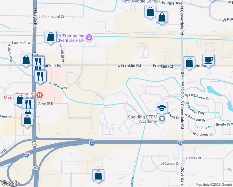 map of restaurants, bars, coffee shops, grocery stores, and more near 4098 East Putter Lane in Meridian