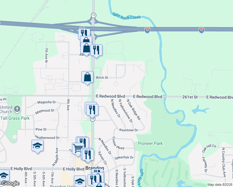 map of restaurants, bars, coffee shops, grocery stores, and more near 1504 East Redwood Boulevard in Brandon