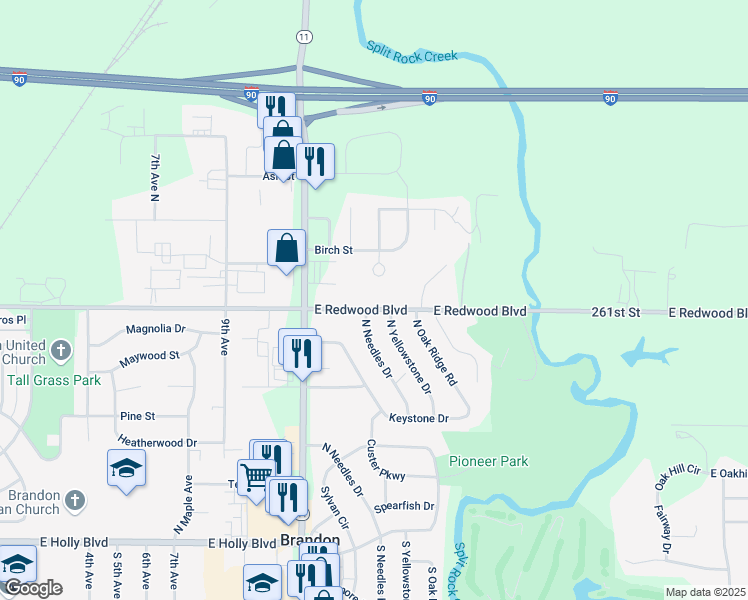 map of restaurants, bars, coffee shops, grocery stores, and more near 1416 East Redwood Boulevard in Brandon