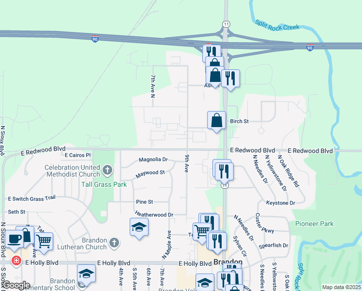 map of restaurants, bars, coffee shops, grocery stores, and more near 1051 East Redwood Boulevard in Brandon