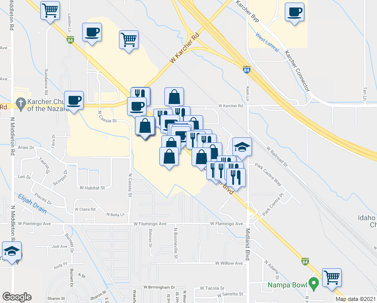 map of restaurants, bars, coffee shops, grocery stores, and more near Nampa-Caldwell Boulevard in Nampa
