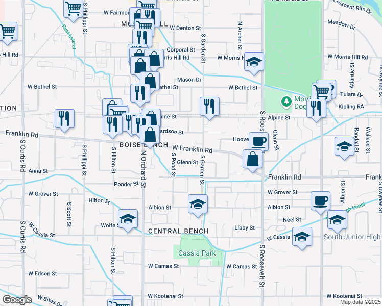 map of restaurants, bars, coffee shops, grocery stores, and more near 4621 Franklin Road in Boise