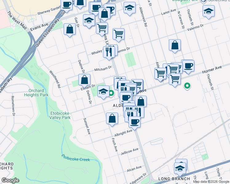 map of restaurants, bars, coffee shops, grocery stores, and more near 3 Orianna Drive in Toronto