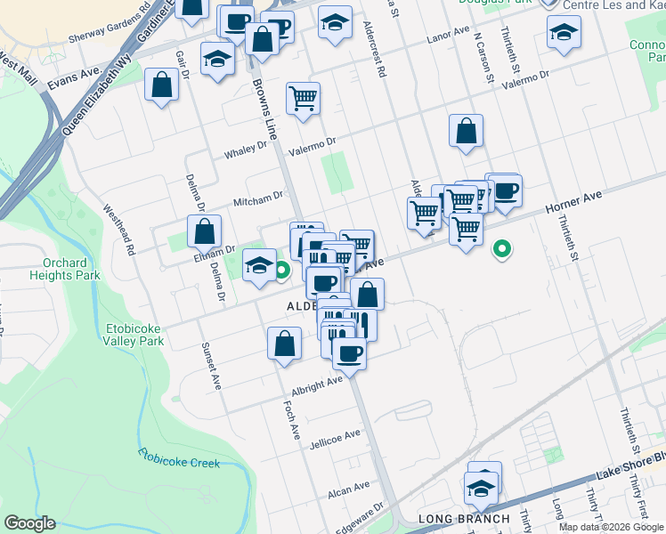 map of restaurants, bars, coffee shops, grocery stores, and more near 498 Horner Avenue in Toronto